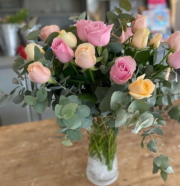 Soft pastel mixed rose vase arrangement
